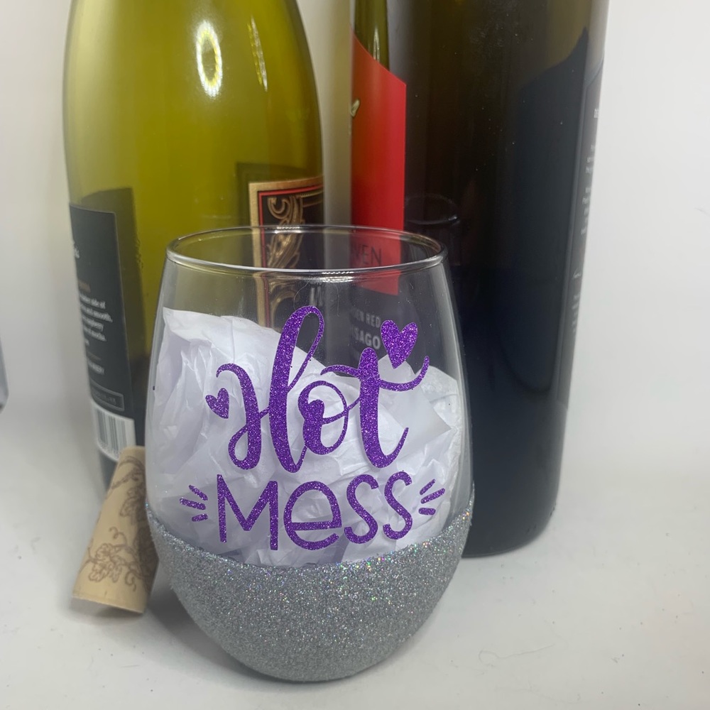 Handmade Glitter Dipped Stemless Wine Glass
